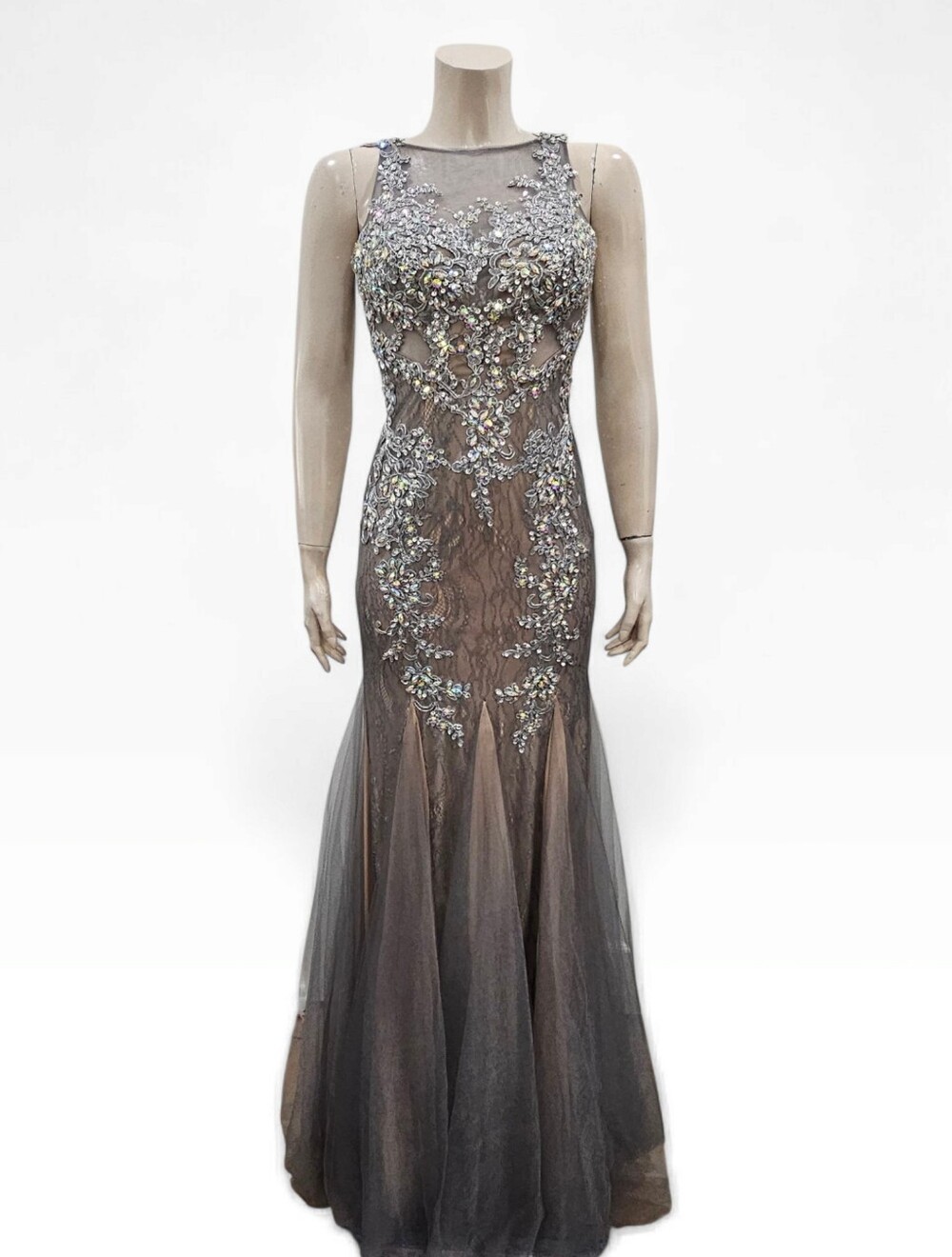 Nwt JVN by JOVANI Silver Crystal Embroidered Sleeveless Mer Tulle Gown 2